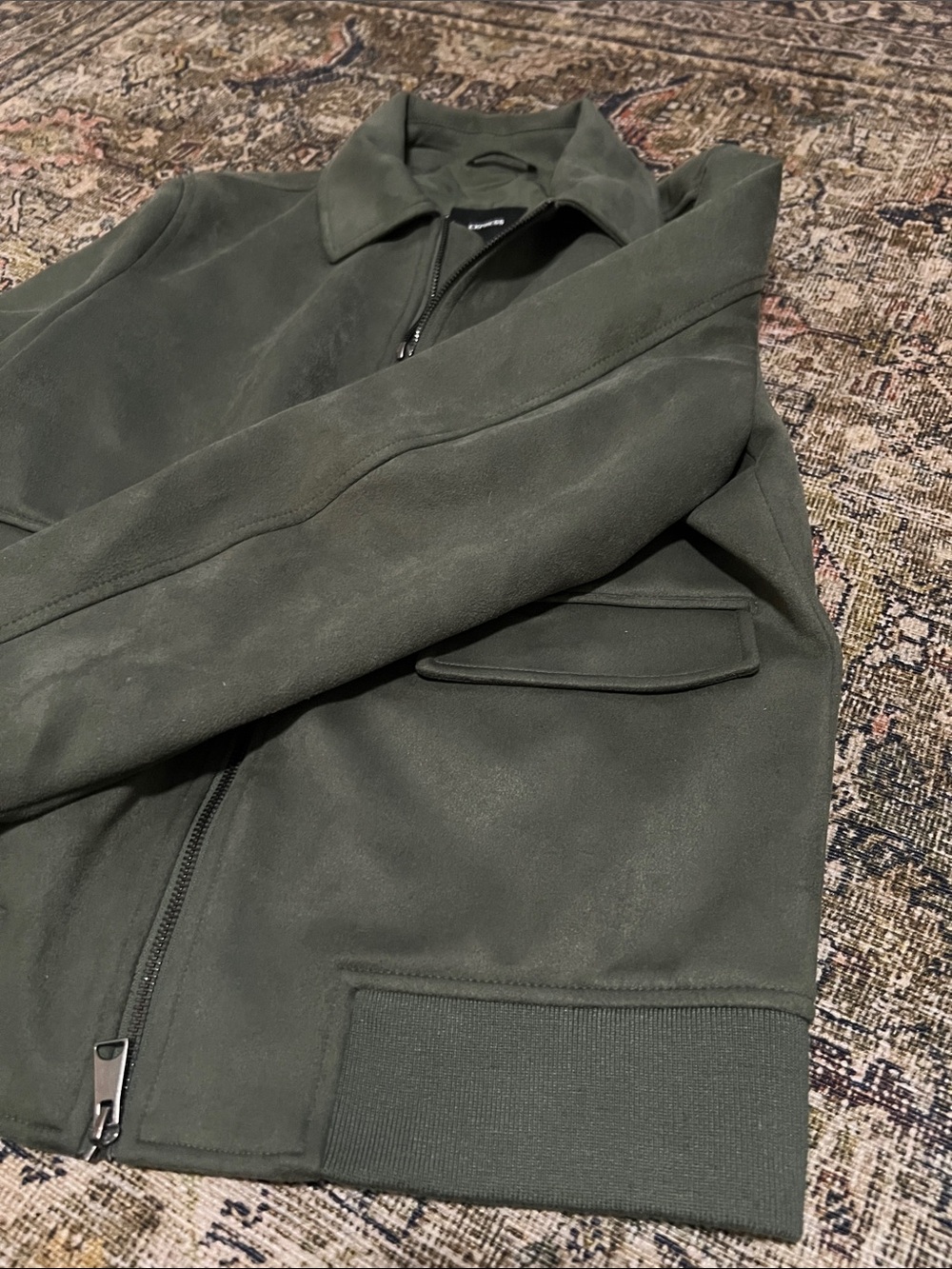 Like NEW Express Men's Suede Bomber Jacket Green - Picture 8 of 9